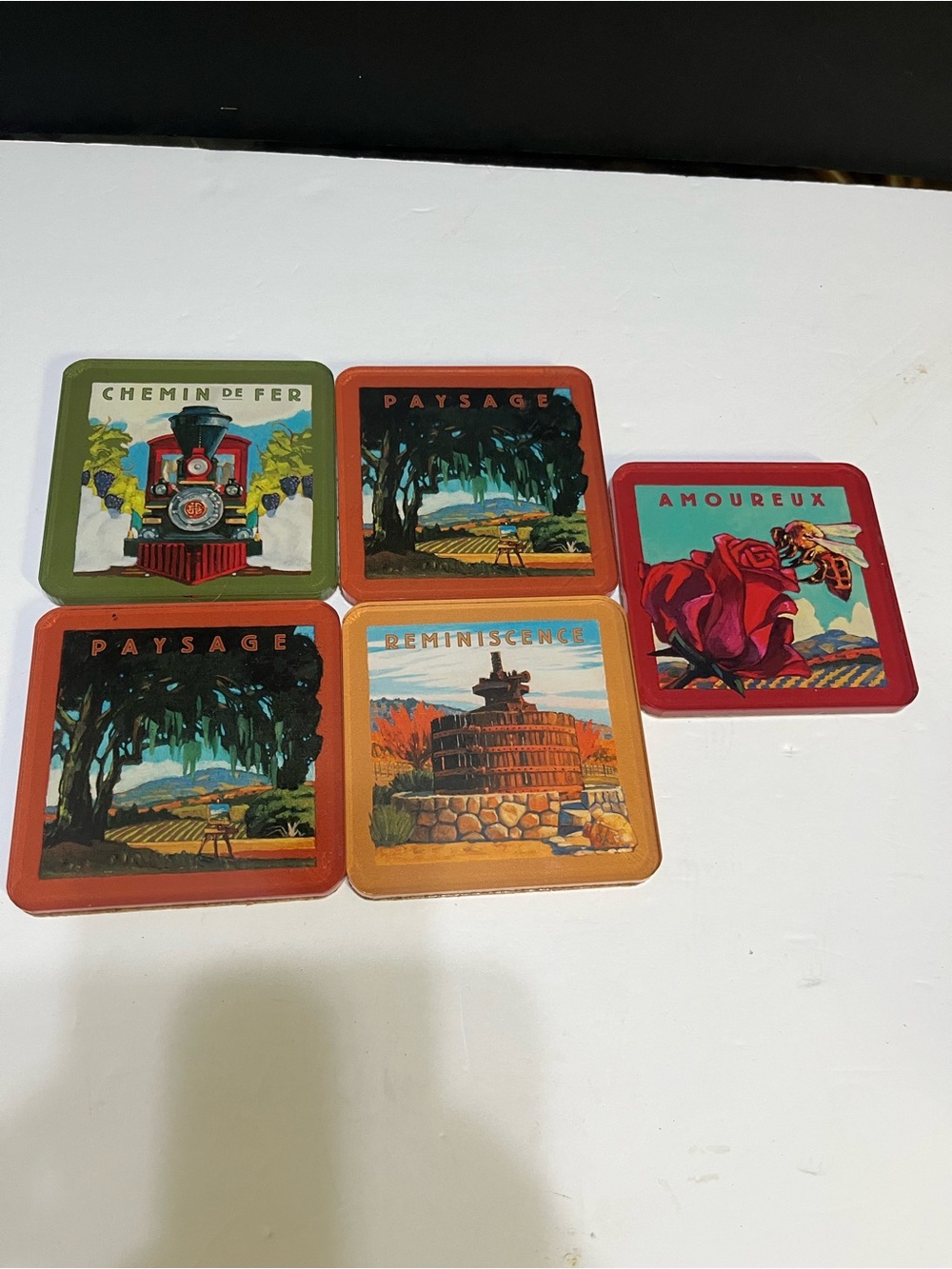 Vintage French Illustration Coasters - Colorful Botanical & Train Set (5 pcs)